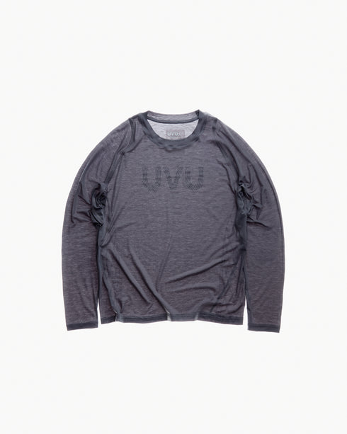 Gray long-sleeve shirt with 'UVO' branding on a white background