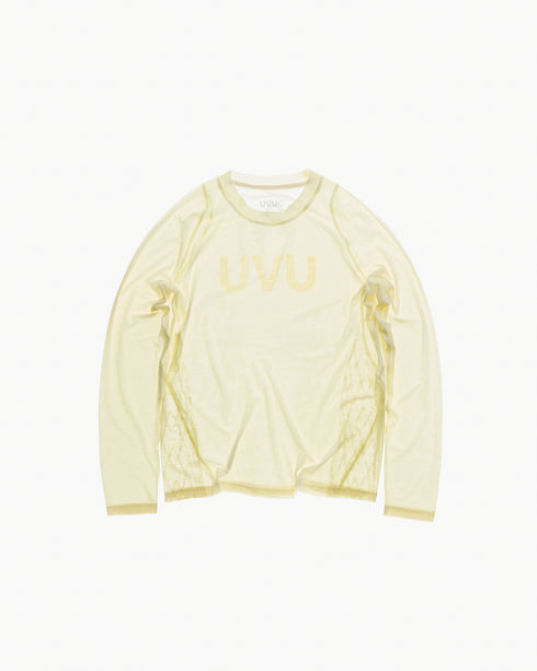 Yellow long-sleeve shirt with 'UVO' branding on a white background
