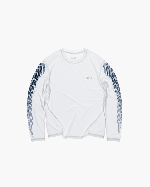 White long-sleeve shirt with blue wave patterns on sleeves against a white background