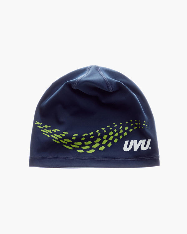Navy blue beanie with green design and 'UVU' logo on a white background
