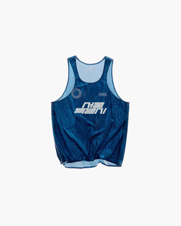 Blue athletic tank top with branding on a white background