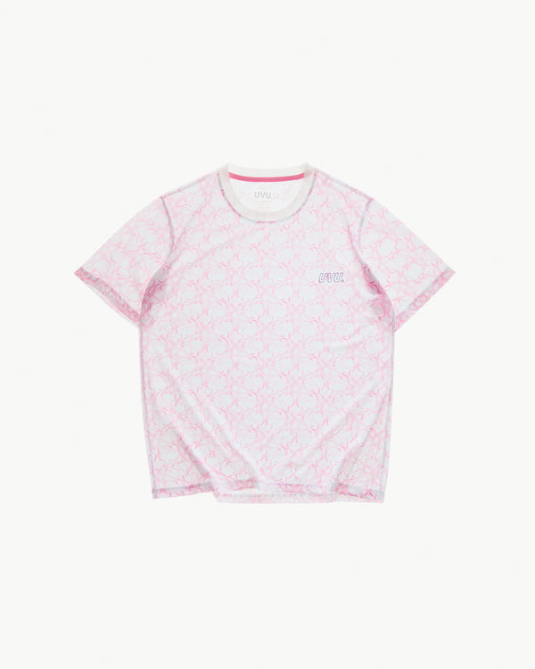 Pink t-shirt with subtle pattern on a white background